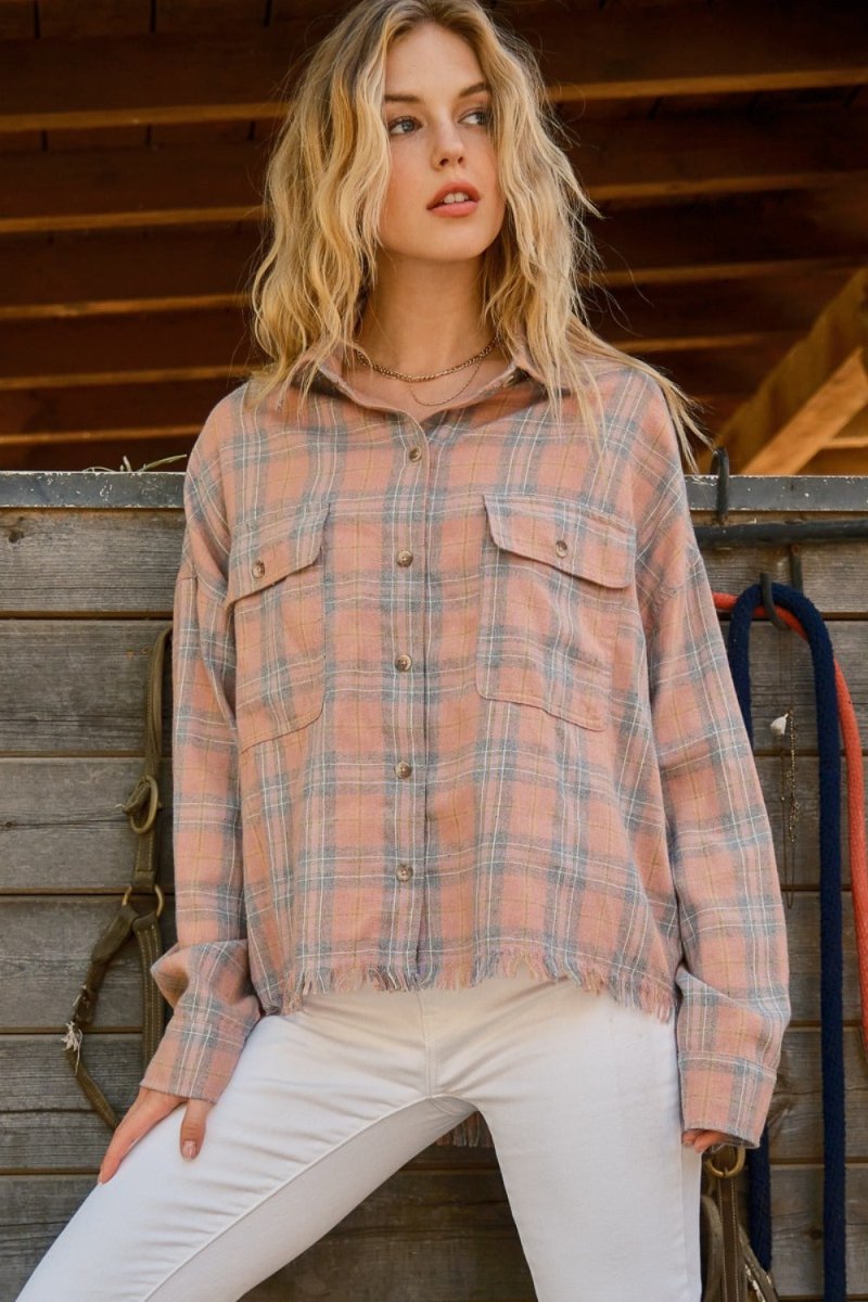 And The Why Full Size Plaid Button Up Raw Hem Shirt - Cozy - Love Salve 