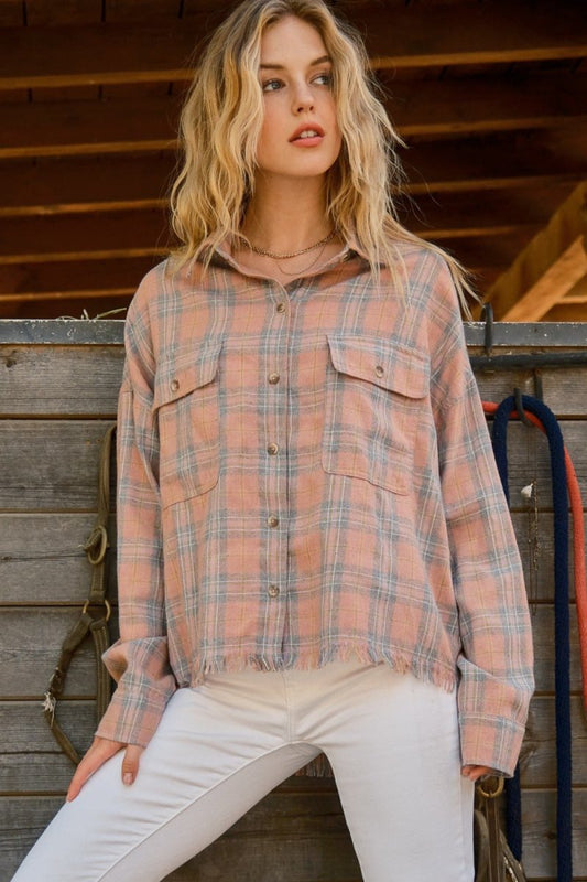 And The Why Full Size Plaid Button Up Raw Hem Shirt - Cozy - Love Salve 