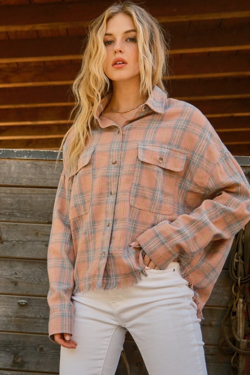 And The Why Full Size Plaid Button Up Raw Hem Shirt - Cozy - Love Salve 