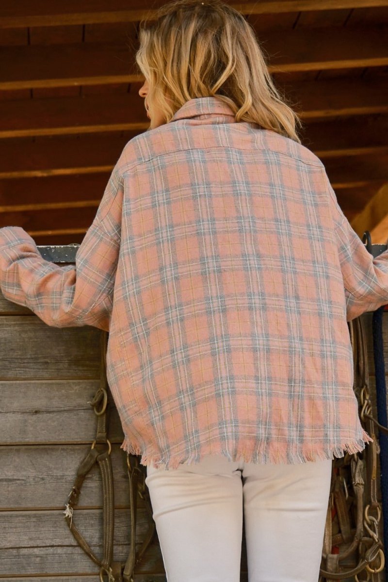 And The Why Full Size Plaid Button Up Raw Hem Shirt - Cozy - Love Salve 