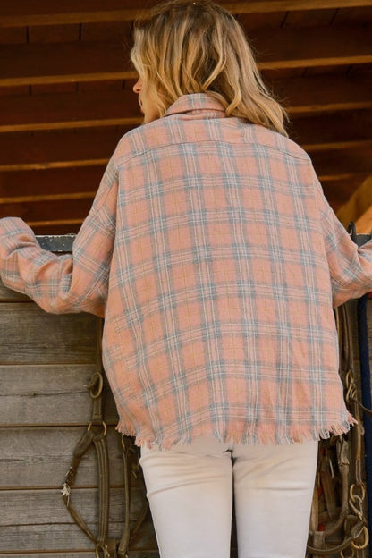 And The Why Full Size Plaid Button Up Raw Hem Shirt - Cozy - Love Salve 