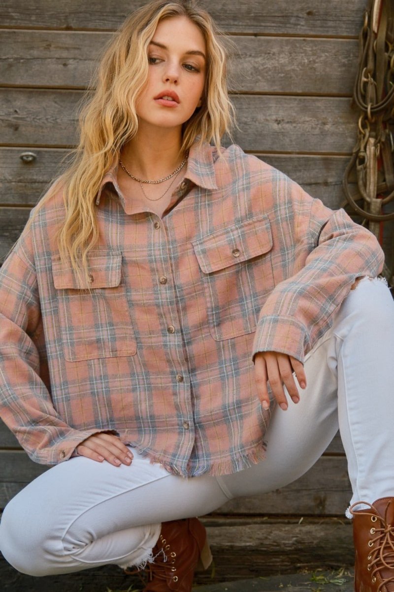 And The Why Full Size Plaid Button Up Raw Hem Shirt - Cozy - Love Salve 