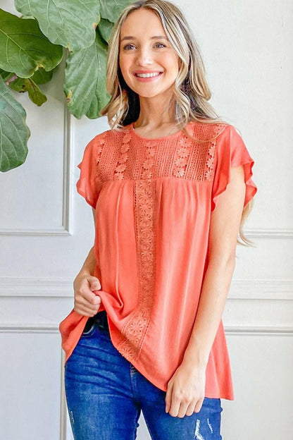 Elegant Lace and Ruffles Short Sleeve BlouseUpgrade Your Wardrobe with Elegance
 Indulge in sophistication and charm with our Elegant Lace and Ruffles Short Sleeve Blouse. This exquisite blouse is designed to Love Salve Ruffles Short Sleeve Blouseusa