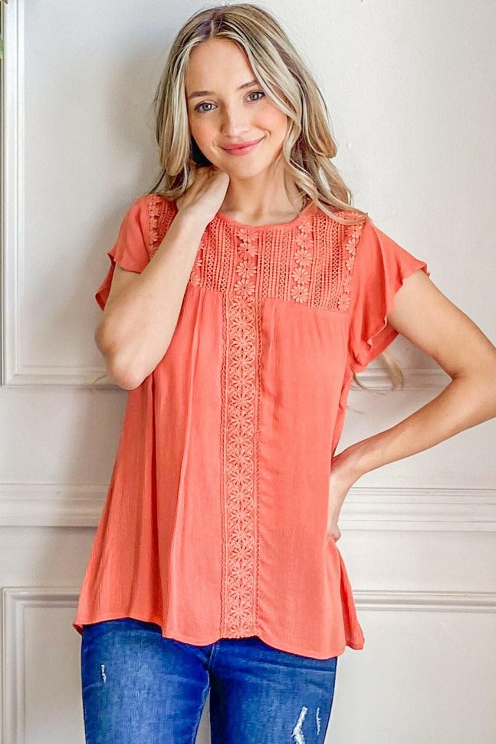 Elegant Lace and Ruffles Short Sleeve BlouseUpgrade Your Wardrobe with Elegance
 Indulge in sophistication and charm with our Elegant Lace and Ruffles Short Sleeve Blouse. This exquisite blouse is designed to Love Salve Ruffles Short Sleeve Blouseusa