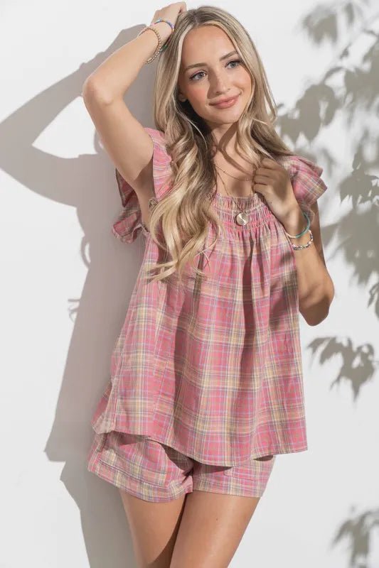 And The Why Plaid Print Smocked Detail Ruffle Baby Doll Top - Love Salve 