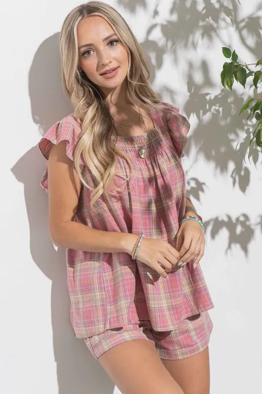 And The Why Plaid Print Smocked Detail Ruffle Baby Doll Top - Love Salve 