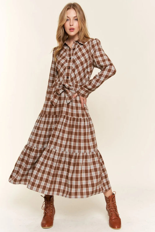 And The Why Plaid Tiered Midi Shirt Dress For Women - Love Salve 
