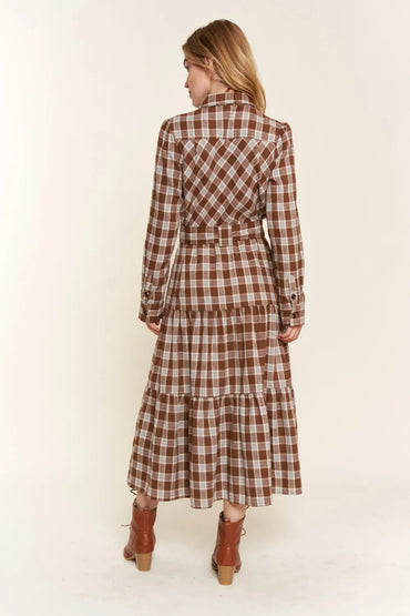 And The Why Plaid Tiered Midi Shirt Dress For Women - Love Salve