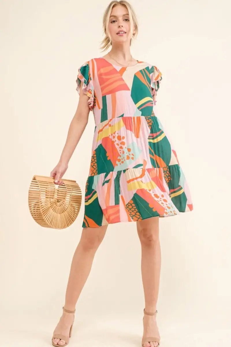 And The Why Printed Double Ruffle Sleeve Dress - Love Salve 