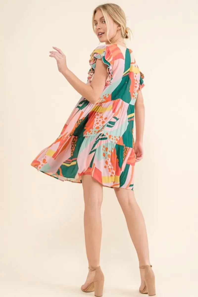 And The Why Printed Double Ruffle Sleeve Dress - Love Salve 
