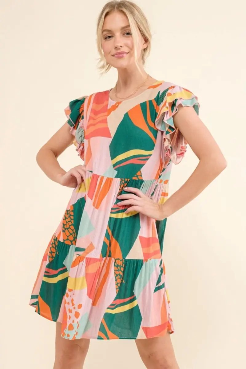And The Why Printed Double Ruffle Sleeve Dress - Love Salve 