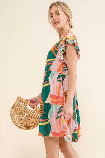 And The Why Printed Double Ruffle Sleeve Dress - Love Salve 