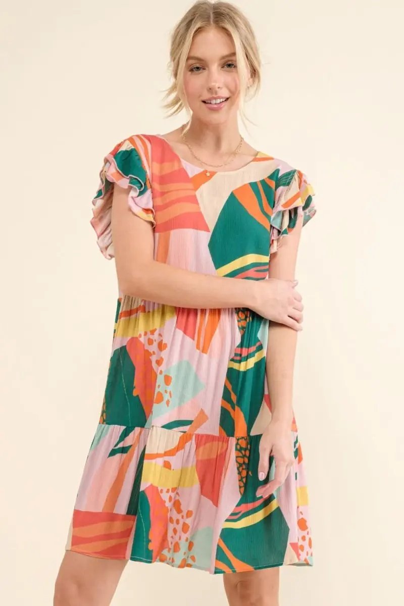 And The Why Printed Double Ruffle Sleeve Dress - Love Salve 