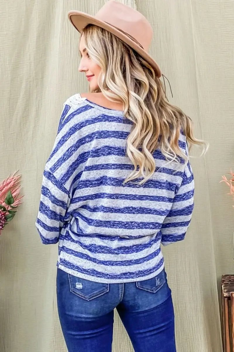 And The Why Striped Lace Detail V Neck Top - Love Salve 