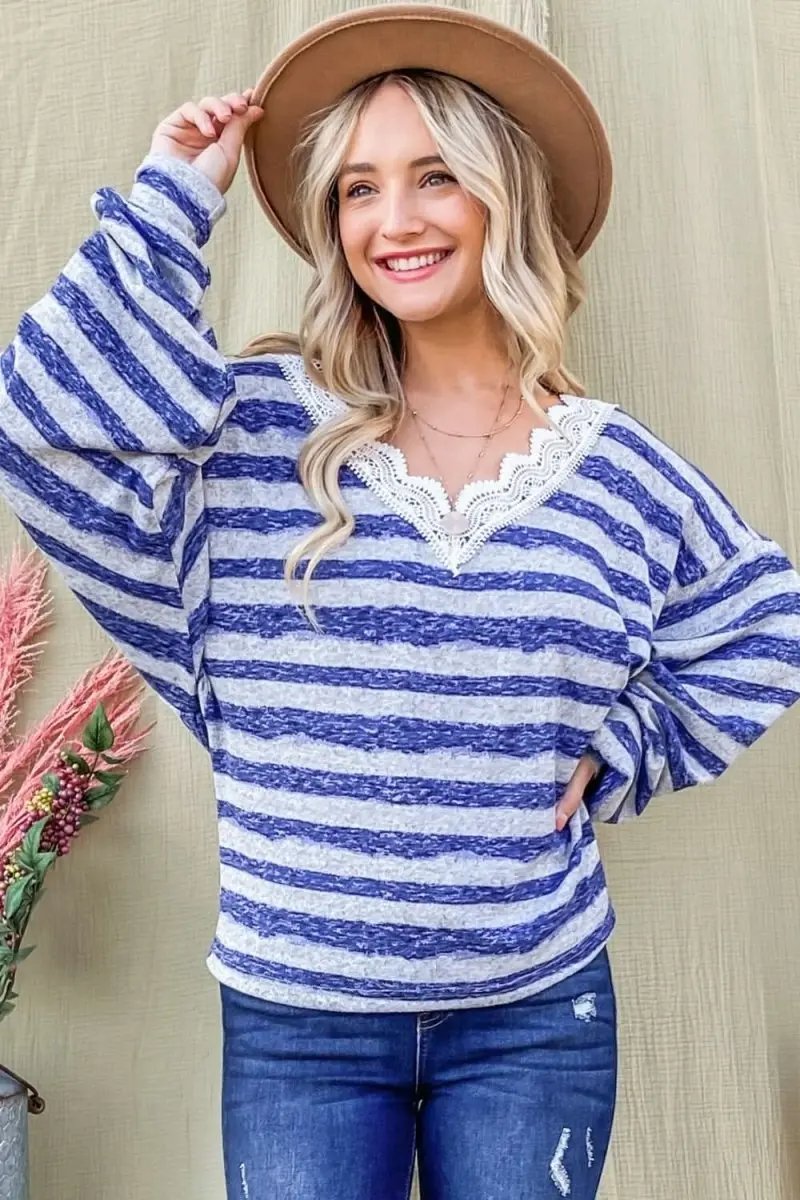 And The Why Striped Lace Detail V Neck Top - Love Salve 