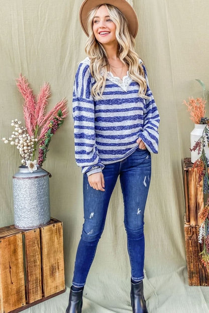 And The Why Striped Lace Detail V Neck Top - Love Salve 