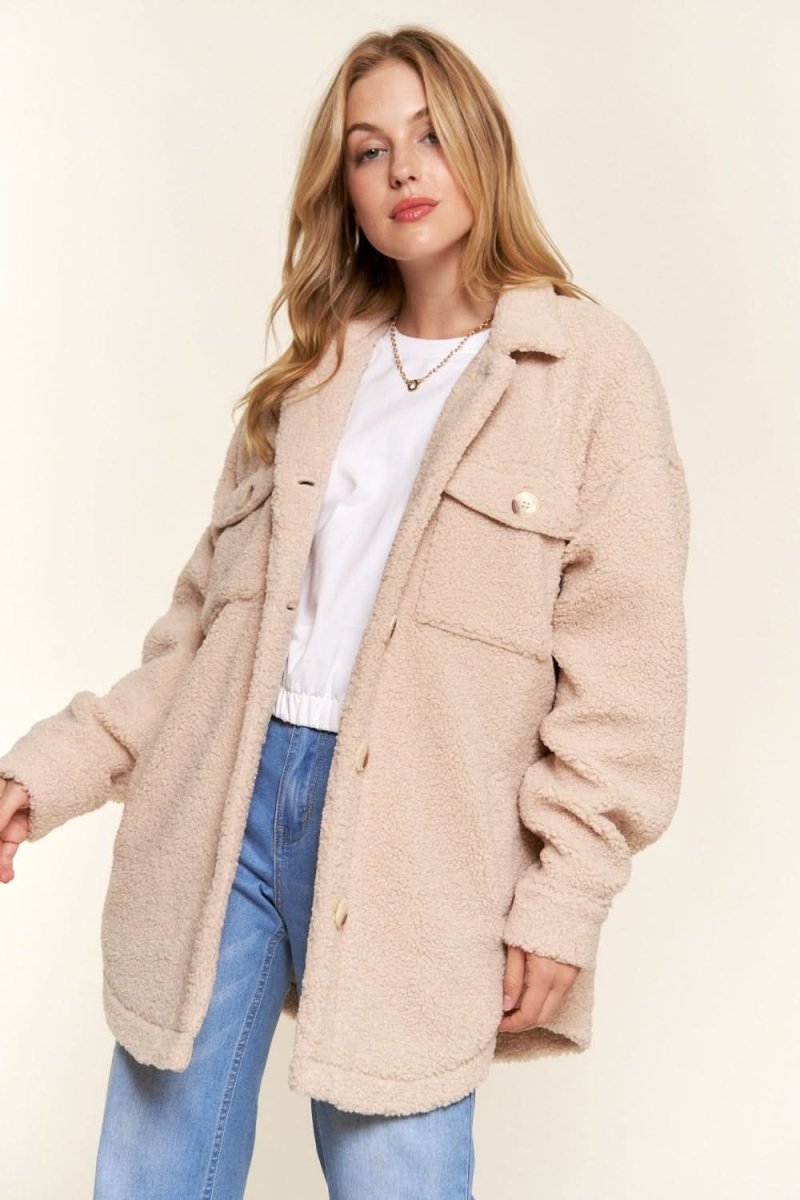 And The Why Teddy Sherpa Button Down Curved Hem Shacket - Love Salve
