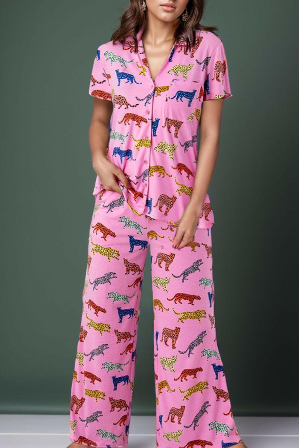 Animal Button Up Top and Pants Lounge Set - Love Salve