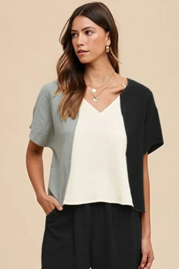 Annie Wear Color Block Cotton Gauze V - Neck Top for Women - Love Salve