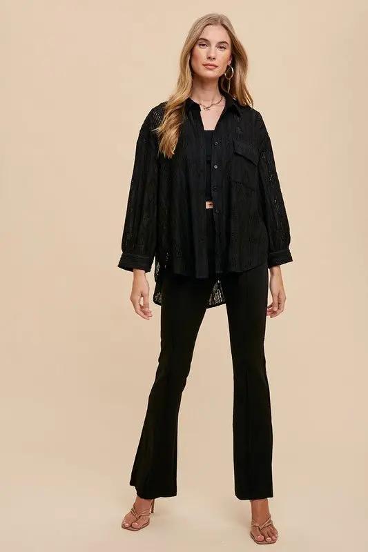 Annie Wear Openwork Button Down Drop Shoulder Shirt Women - Love Salve 