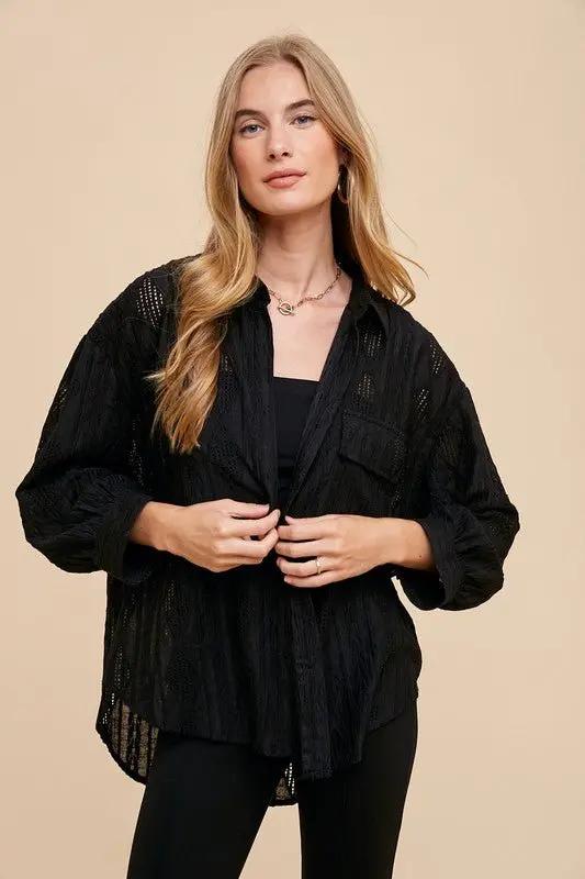 Annie Wear Openwork Button Down Drop Shoulder Shirt Women - Love Salve 