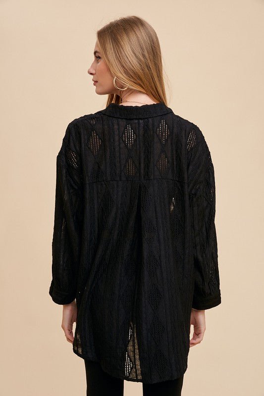 Annie Wear Openwork Button Down Drop Shoulder Shirt Women - Love Salve 