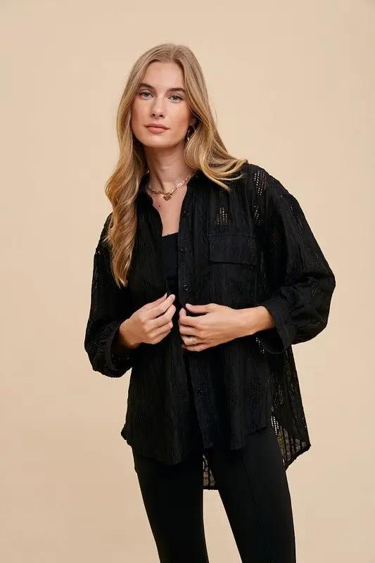 Annie Wear Openwork Button Down Drop Shoulder Shirt Women - Love Salve 