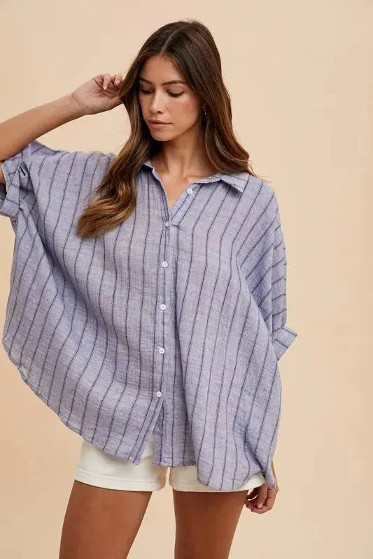Annie Wear Striped Button Up Half Sleeve Shirt for Women - Love Salve 