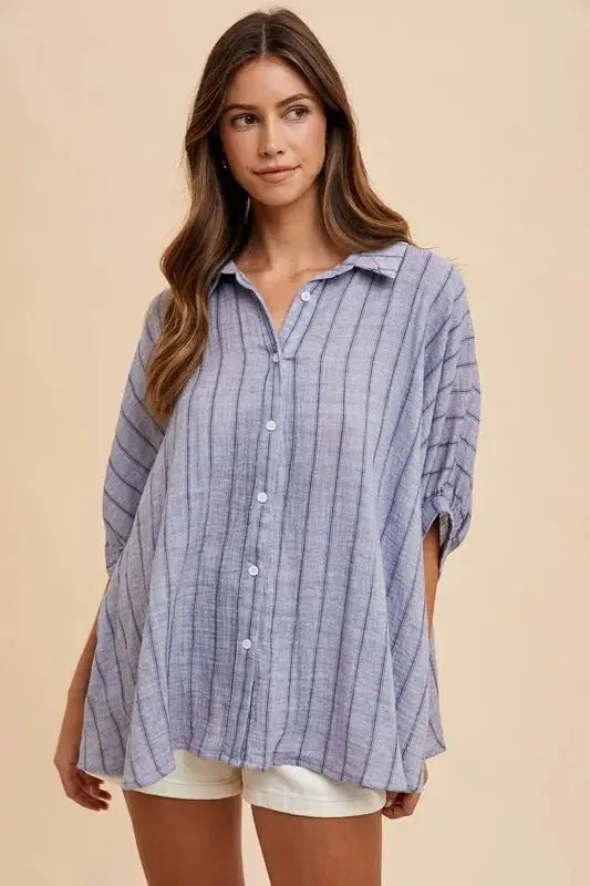 Annie Wear Striped Button Up Half Sleeve Shirt for Women - Love Salve 