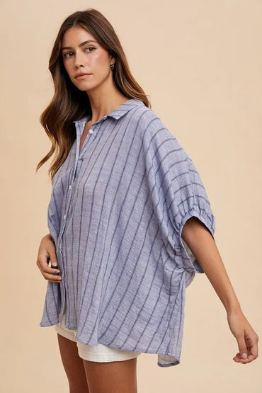 Annie Wear Striped Button Up Half Sleeve Shirt for Women - Love Salve