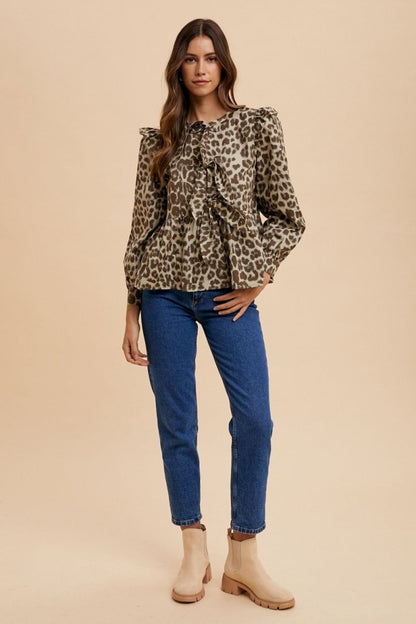 Annie Wear Tied Leopard Round Neck Peplum Blouse Stylish Top - Love Salve 