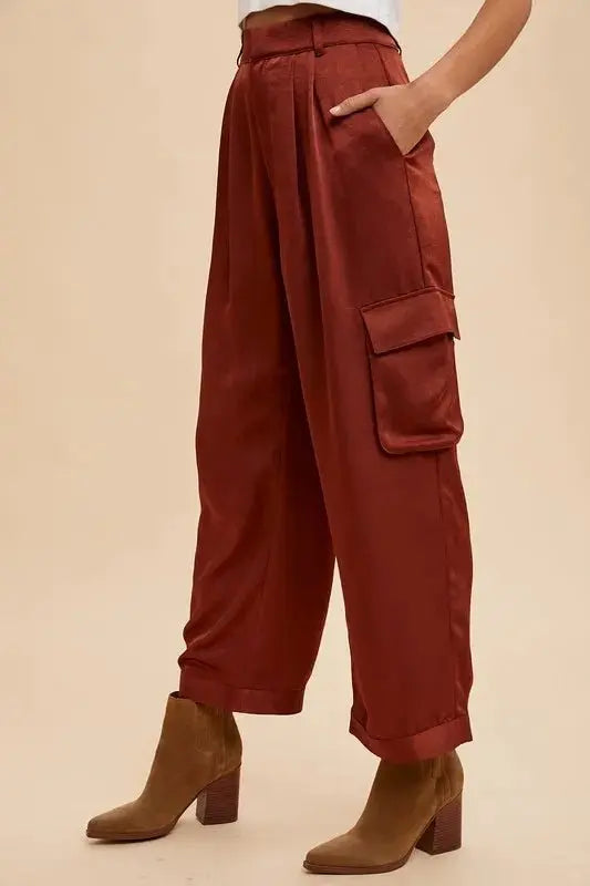 Annie Wear Wide Leg Cargo Satin Pants for Stylish Comfort - Love Salve 