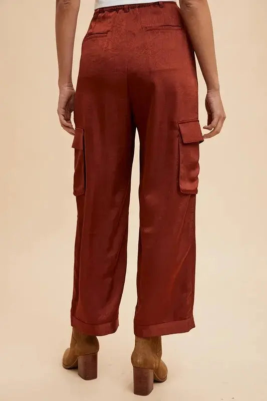 Annie Wear Wide Leg Cargo Satin Pants for Stylish Comfort - Love Salve 
