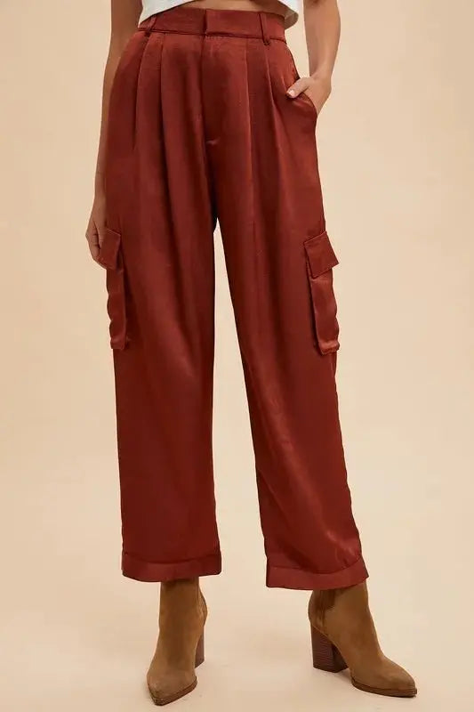 Annie Wear Wide Leg Cargo Satin Pants for Stylish Comfort - Love Salve 