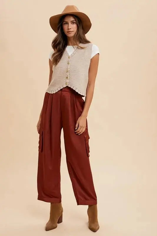 Annie Wear Wide Leg Cargo Satin Pants for Stylish Comfort - Love Salve 