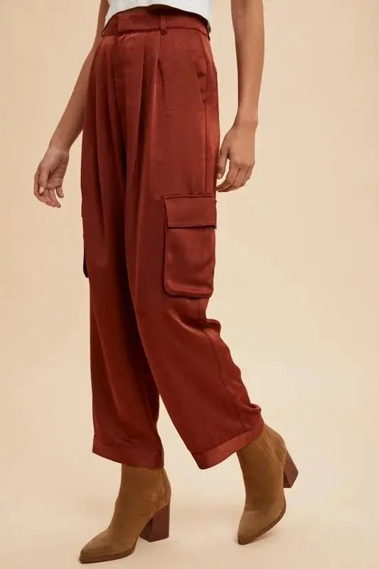 Annie Wear Wide Leg Cargo Satin Pants for Stylish Comfort - Love Salve 