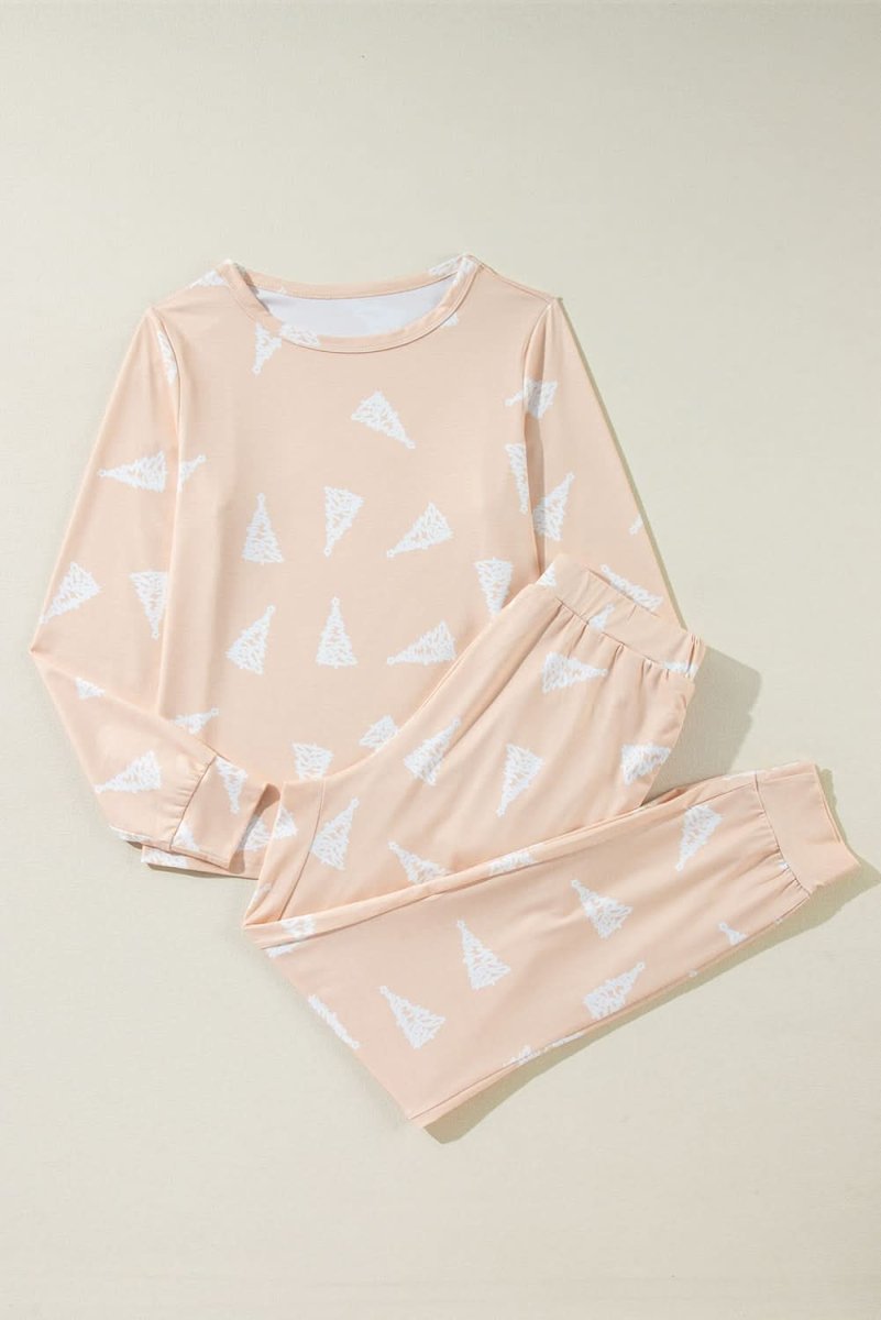 Apricot Christmas Tree Print Loose Fit Two Piece Pajama Set - Love Salve 