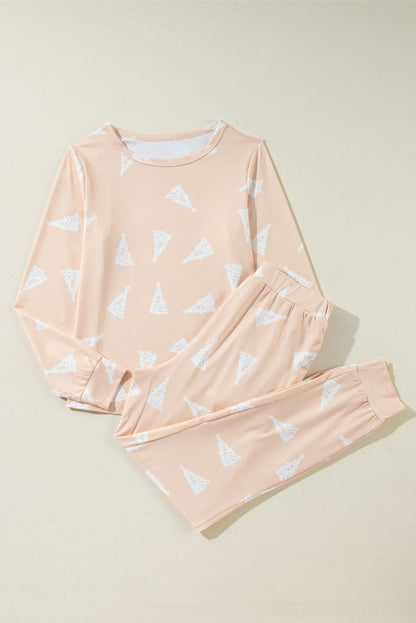 Apricot Christmas Tree Print Loose Fit Two Piece Pajama Set - Love Salve 