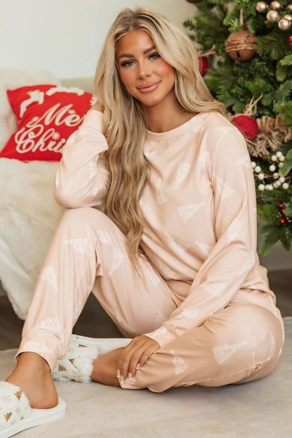 Apricot Christmas Tree Print Loose Fit Two Piece Pajama Set - Love Salve 