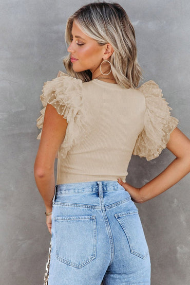 Apricot Dotty Mesh Ruffle Sleeve Ribbed Knit Top for Women - Love Salve 
