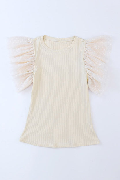 Apricot Dotty Mesh Ruffle Sleeve Ribbed Knit Top for Women - Love Salve 