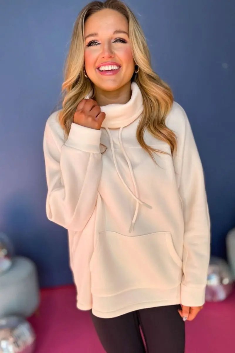 Apricot Drawstring Turtleneck Dolman Sleeve Sweatshirt - Love Salve 