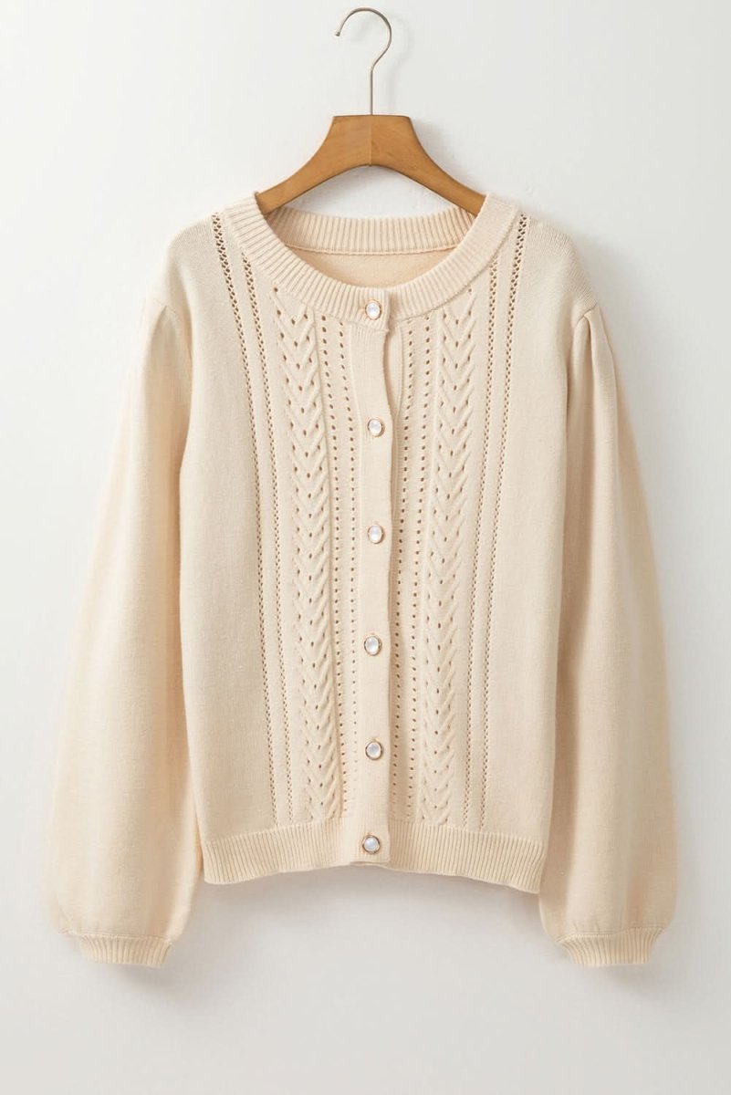 Apricot Elegant Button - Front Cardigan with Pleated Sleeves and Hollow Details - Love Salve