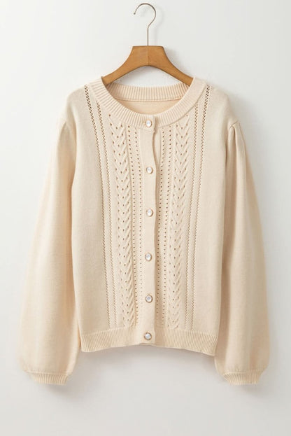 Apricot Elegant Button - Front Cardigan with Pleated Sleeves and Hollow Details - Love Salve
