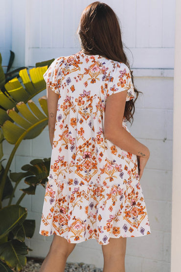Apricot Floral Geometric Print Ruffled Trim Flutter Sleeve Dress - Love Salve 