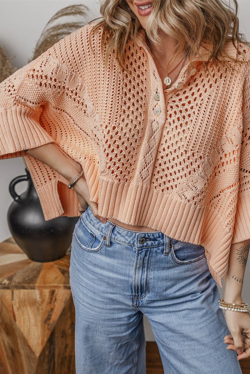 Apricot Pink Hollowed Knit 3/4 Dolman Sleeve Sweater - Love Salve