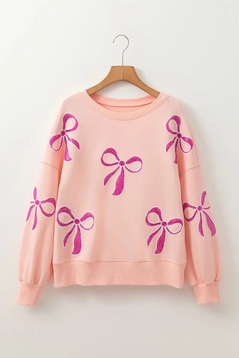 Apricot Pink Sequined Bowknot Drop Shoulder Oversized Sweatshirt - Love Salve 