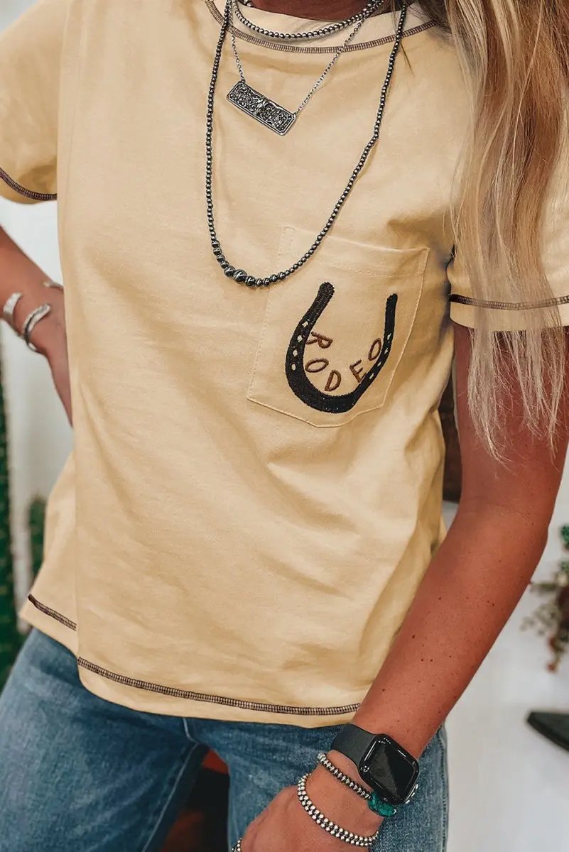 Apricot RODEO Horseshoe Embroidered Patch Pocket T Shirt - Love Salve 
