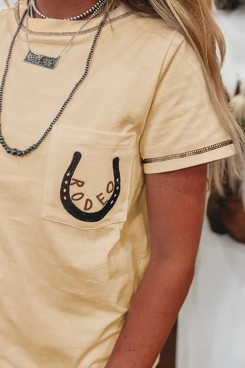Apricot RODEO Horseshoe Embroidered Patch Pocket T Shirt - Love Salve 