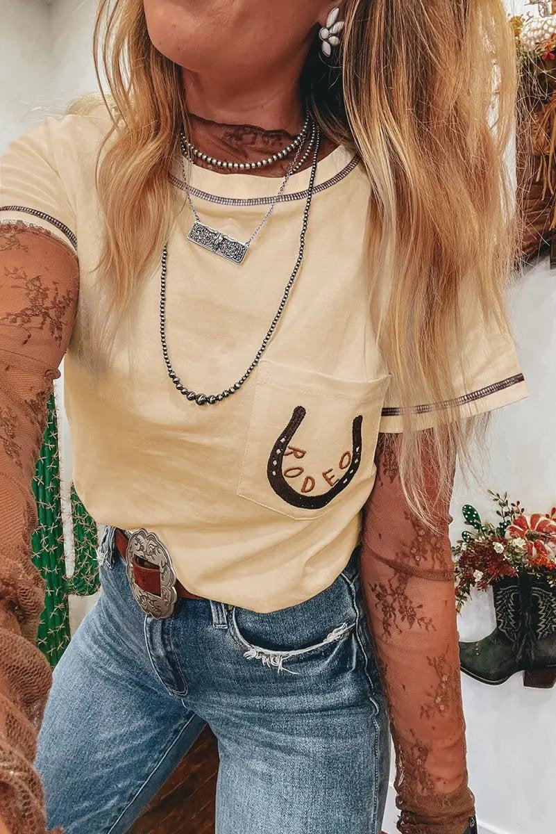 Apricot RODEO Horseshoe Embroidered Patch Pocket T Shirt - Love Salve 